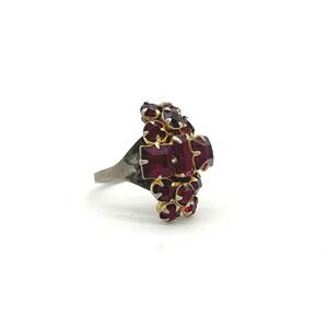 Vintage Sterling Silver Red Rhinestone‎ Adjustable Cocktail Ring Floral Design